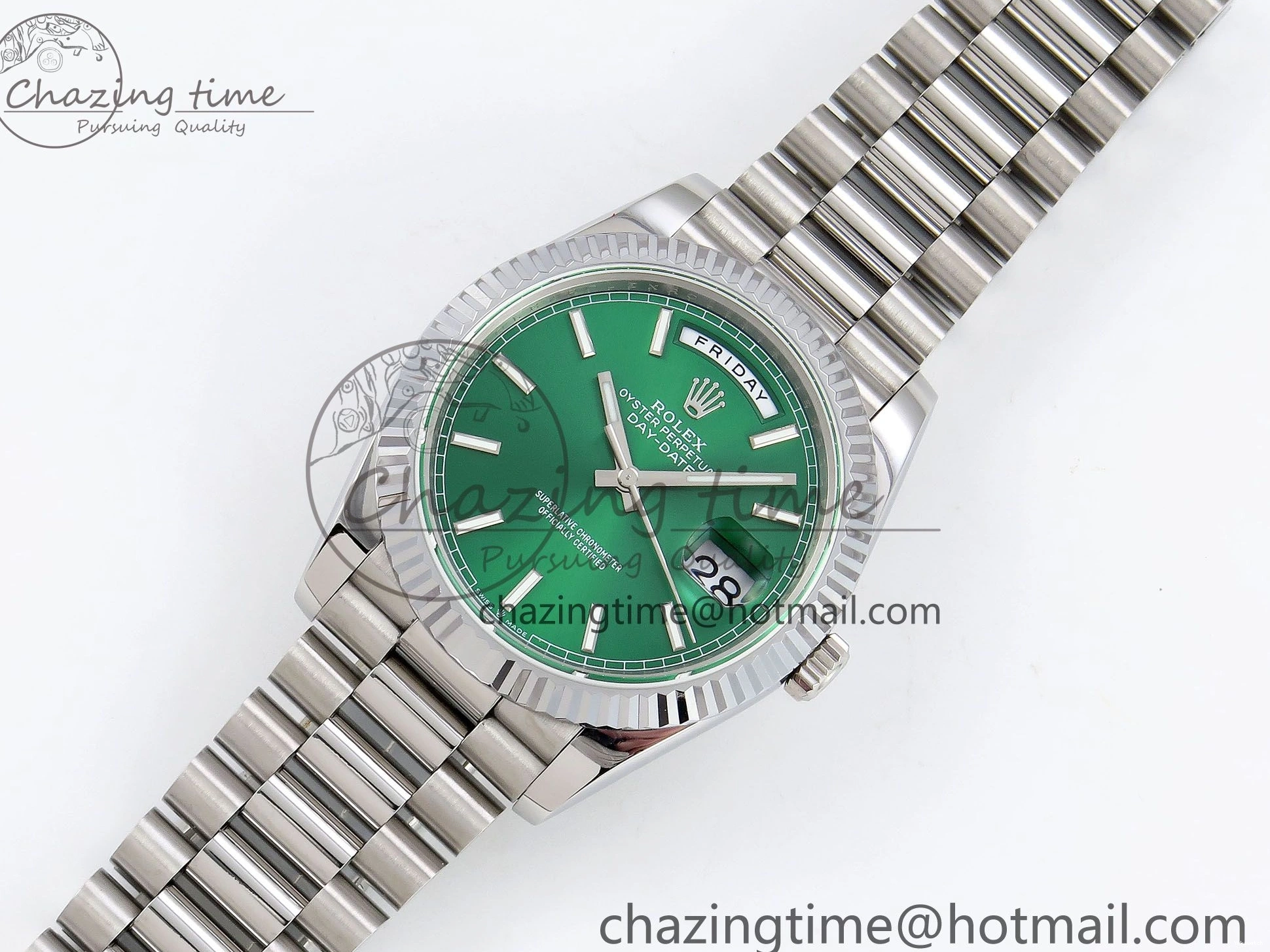 Stick Steel SS 40 Dial (Gain V3 Light JDF Weight) President Green DayDate on VR3255 904L Bracelet 0401